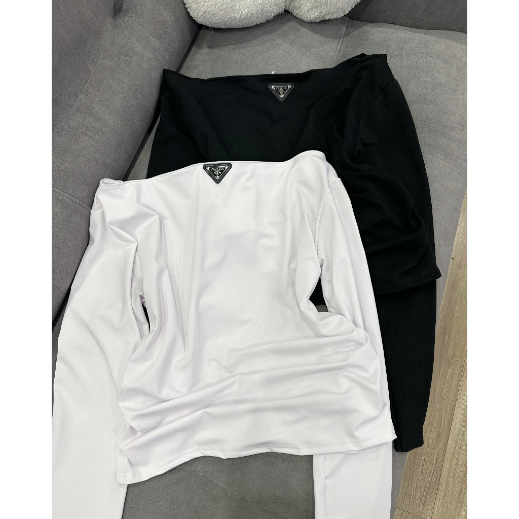 Áo Nữ, Áo Trễ Vai Bozip Panda Logo Đính Thêu 2 Màu Đen Trắng