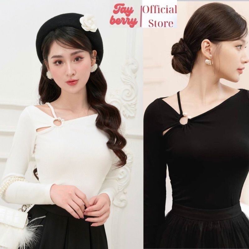 Áo Kiểu Nữ Lệch Vai Dáng Ôm Phối Khuyên Tròn Dài Tay, Ngắn tay