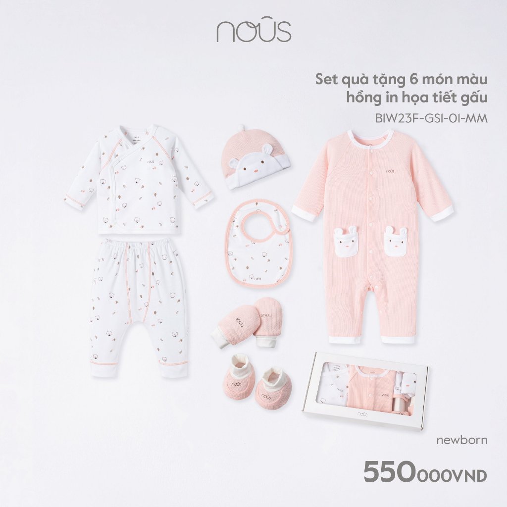 Set quà tặng 6 món màu hồng, xanh in họa tiết cho bé sơ sinh
