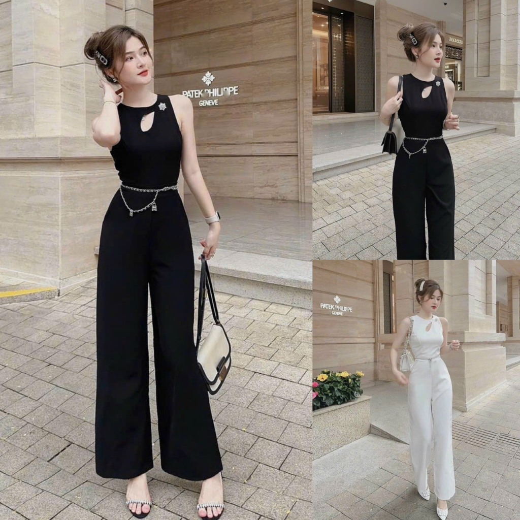 Jumpsuit Nữ Sát Nách Khoét Ngực Đính Kiện Phối Quần Suông Dài Sam Closet Phù Hợp Để Tới Công Sở, Đi Làm Hoặc Đi Ch