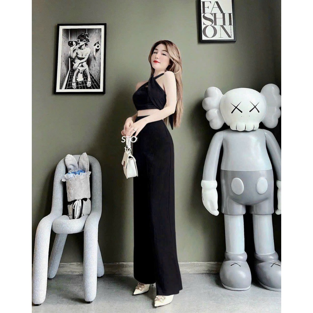 Sét Quần Dài Ống Suông Áo Cổ Yếm Croptop  Chéo Dây Sam Closet Phù Hợp Để Tới Công Sở, Đi Làm Hoặc Đi Chơi.
