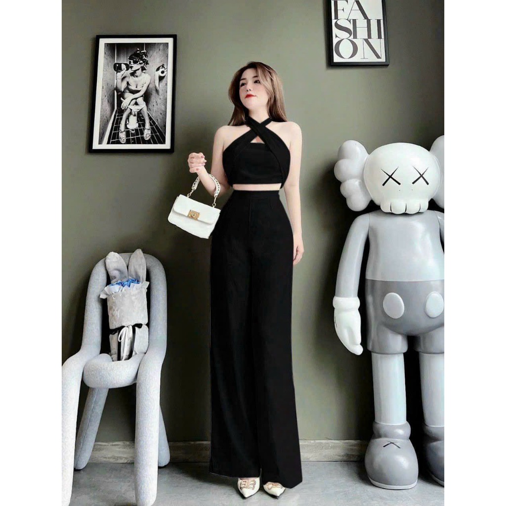 Sét Quần Dài Ống Suông Áo Cổ Yếm Croptop  Chéo Dây Sam Closet Phù Hợp Để Tới Công Sở, Đi Làm Hoặc Đi Chơi.