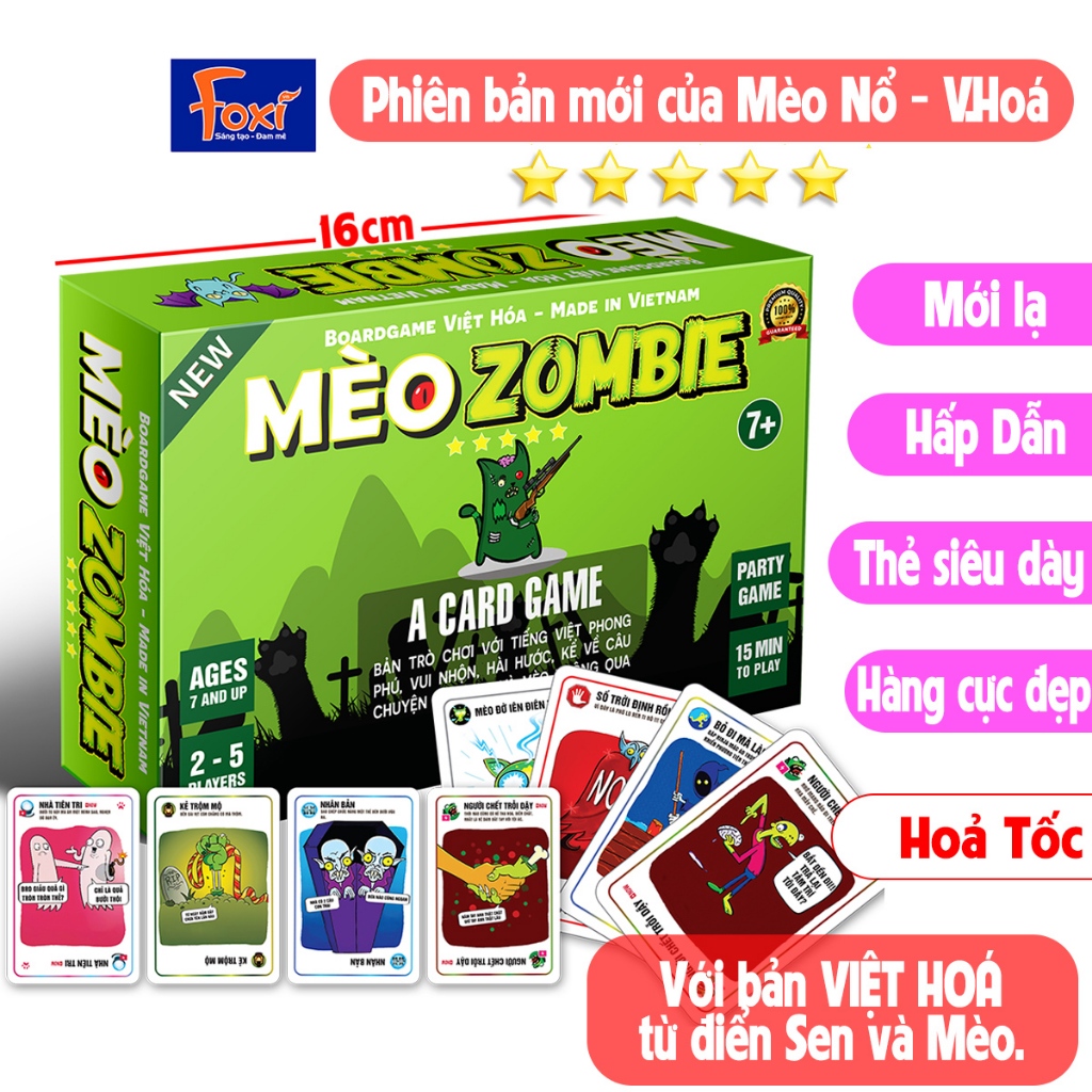Bài Mèo Zombie Foxi-boardgame Việt Hóa-Mèo nổ-Mèo Boom-Exploding Zombie Kittens Board Game hay [hộp màu xanh bơ)