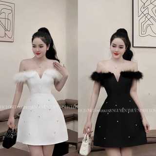 Đầm Nữ tiểu thư trễ vái dáng xòe vải tapta phối lông đính cườm dự tiệc
