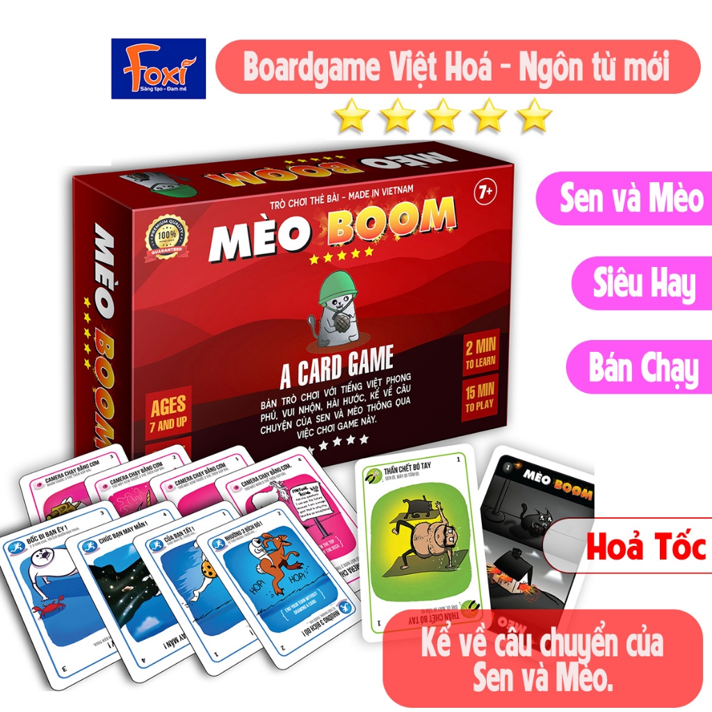 Board game-Mèo Boom-Mèo Nổ-Exploding kittens-Foxi-trò chơi gia đình-bạn bè-hấp dẫn-kịch tính