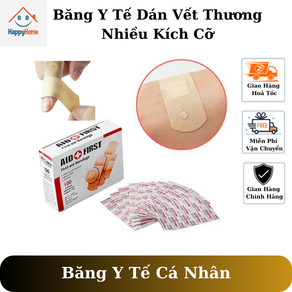 Hộp 100 miếng băng gâu y tế dán vết thương, băng keo cá nhân nhiều kích cỡ to nhỏ khác nhau