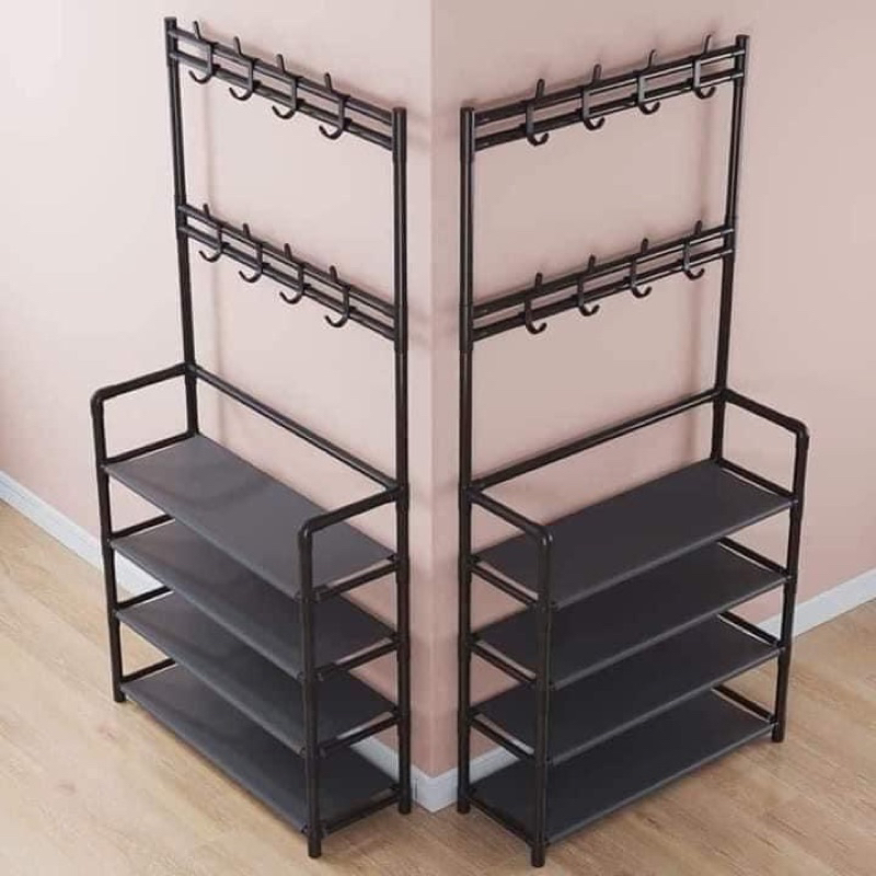 Kệ để giày dép đa năng chữ h có móc treo đồ quần áo, túi xách, nón decor nhà cửa - Giá để giày dép 4 tầng style Hàn Quốc