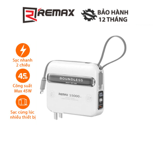 Cốc sạc nhanh kiêm pin dự phòng Remax RPP-588 All In One 15000mAh sạc nhanh PD max 45W tích hợp cáp sạc Type C, Lightnin