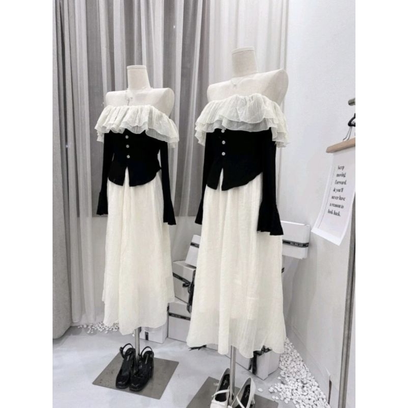 Sét Áo Trễ Vai Bèo Tay Loe Kèm Chân Váy Maxi Voan Tơ 2 Lớp Size S M - Halinh Shop- Sét Váy Tơ Mix Bèo Quảng Châu L1