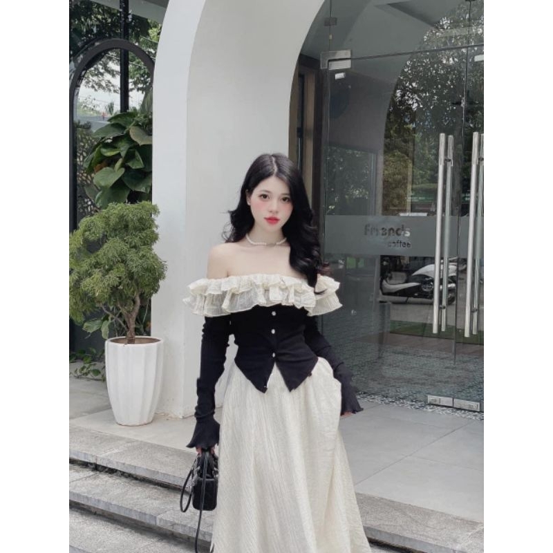Sét Áo Trễ Vai Bèo Tay Loe Kèm Chân Váy Maxi Voan Tơ 2 Lớp Size S M - Halinh Shop- Sét Váy Tơ Mix Bèo Quảng Châu L1