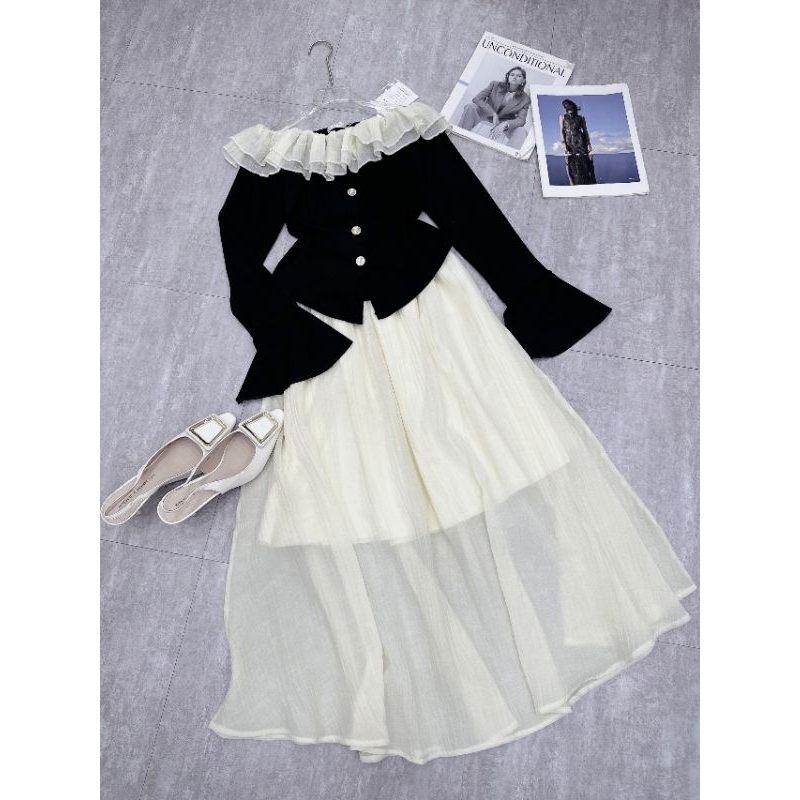 Sét Áo Trễ Vai Bèo Tay Loe Kèm Chân Váy Maxi Voan Tơ 2 Lớp Size S M - Halinh Shop- Sét Váy Tơ Mix Bèo Quảng Châu L1
