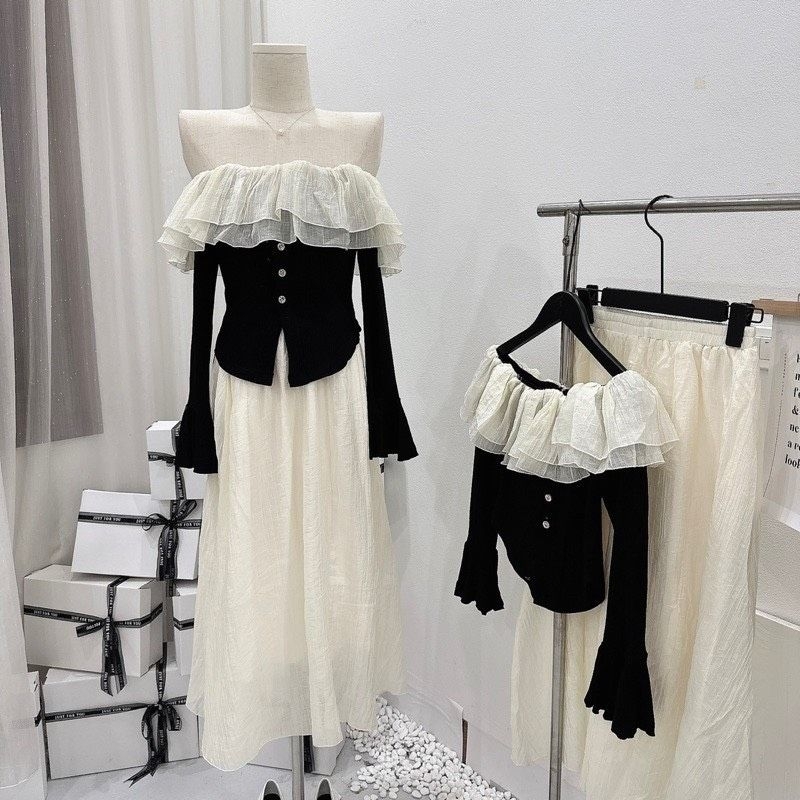 Sét Áo Trễ Vai Bèo Tay Loe Kèm Chân Váy Maxi Voan Tơ 2 Lớp Size S M - Halinh Shop- Sét Váy Tơ Mix Bèo Quảng Châu L1
