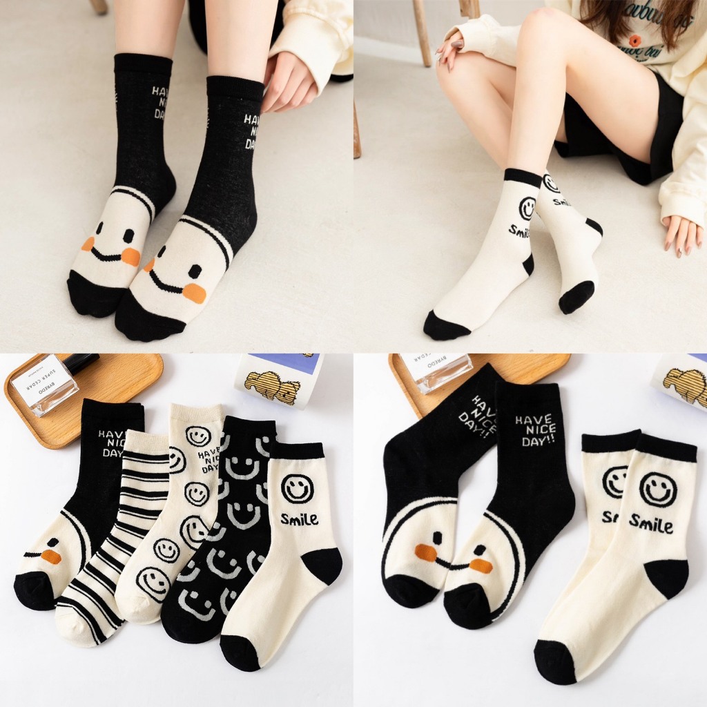 Set 5 Đôi Tất Cổ Cao Cho Nữ Cotton Tone Màu Đen Smile Nổi Bật Siêu Hot