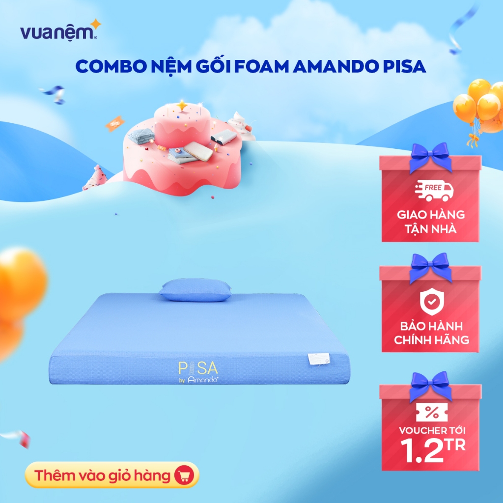 Combo Nệm gối Foam Amando Pisa tiện lợi vải thông thoáng mềm mại bảo hành bởi Vua Nệm