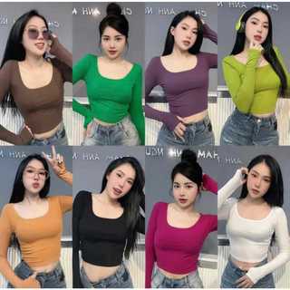 Áo thun nữ tay dài xỏ ngón cổ U và cổ tròn form ôm thun gân tăm lạnh co giản 4 chiều, áo phông nữ