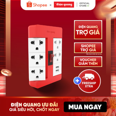 Ổ cắm xoay 90° Điện Quang ĐQ ESK RT 53 2USB (5 lỗ 3 chấu, 2USB) thích hợp không gian nhỏ hẹp, BH 12 tháng