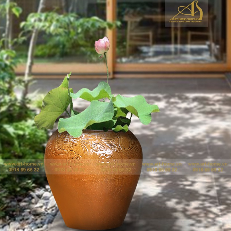 Lu  gốm sành, men da lươn, có họa tiết rồng phượng, trang trí sân vườn, đựng nước, đựng nước, trồng sen, cao 42cm