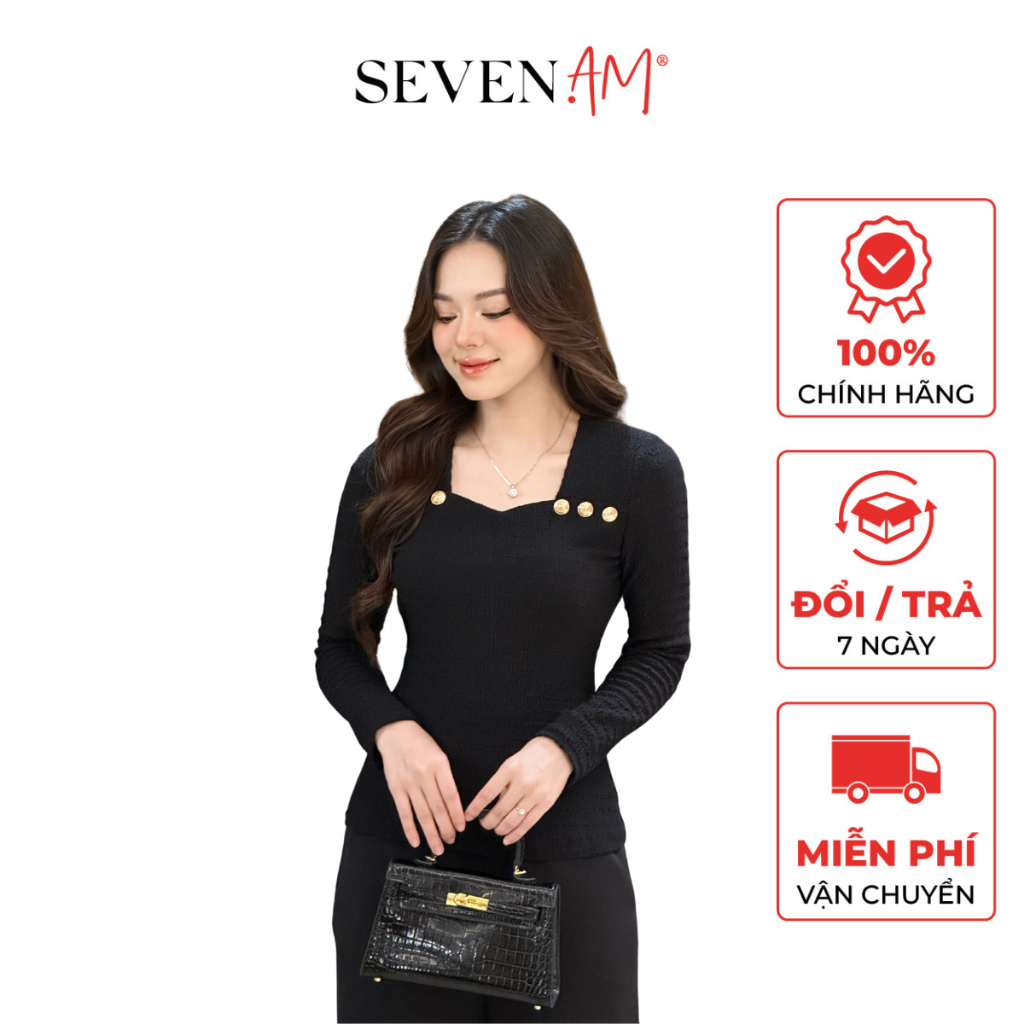 Áo thun kiểu tay dài đen cổ vuông basic thời trang nữ Seven.AM OA0082I