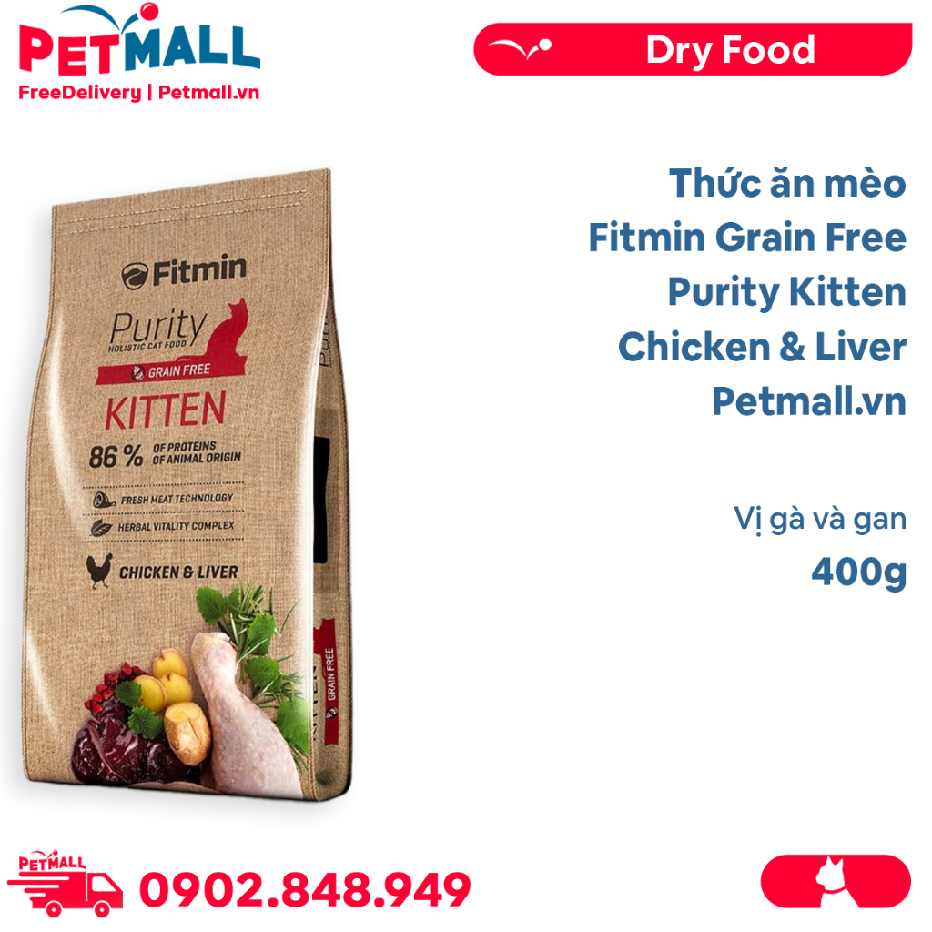 Thức ăn mèo Fitmin Grain Free Purity Kitten Chicken & Liver 400g - Vị gà và gan Petmall