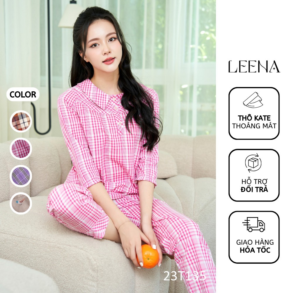 Bộ Ngủ Pyjama Vải Thô Kate Dáng Áo Tay Lỡ Quần Dài, Bộ Mặc Nhà Thoáng Mát Thấm Hút Mồ Hôi Leena Homewear 23T13