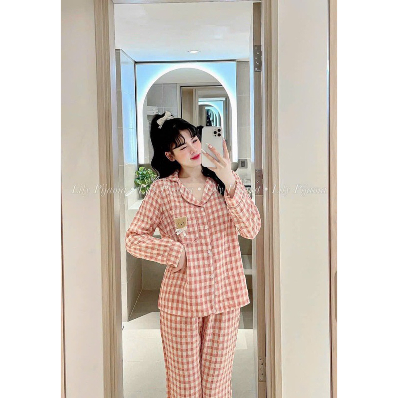 Set bộ pyjama kẻ gấu 2 màu hồng xanb cho nữ