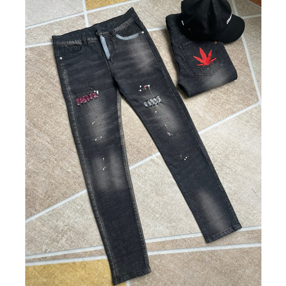 Quần bò jean nam dài đen rách gối vá da in thỏ đẹp mẫu mới nhất,chất jean co giãn tốt chuẩn shop