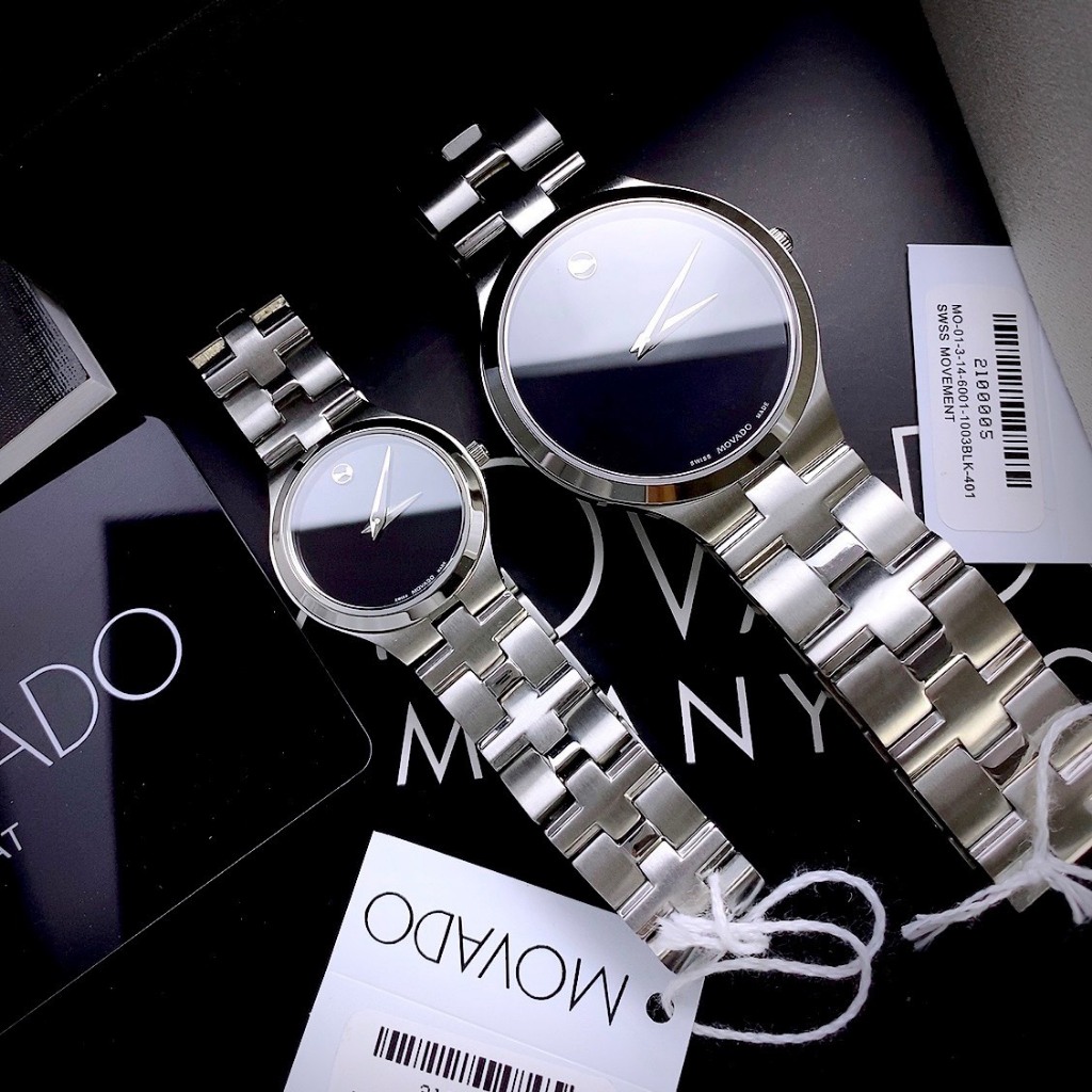 ĐỒNG HỒ CẶP MOVADO 0607199 khung thép trắng- Máy swiss made- Size 40/26mm- chống nước- bảo hành 24 tháng