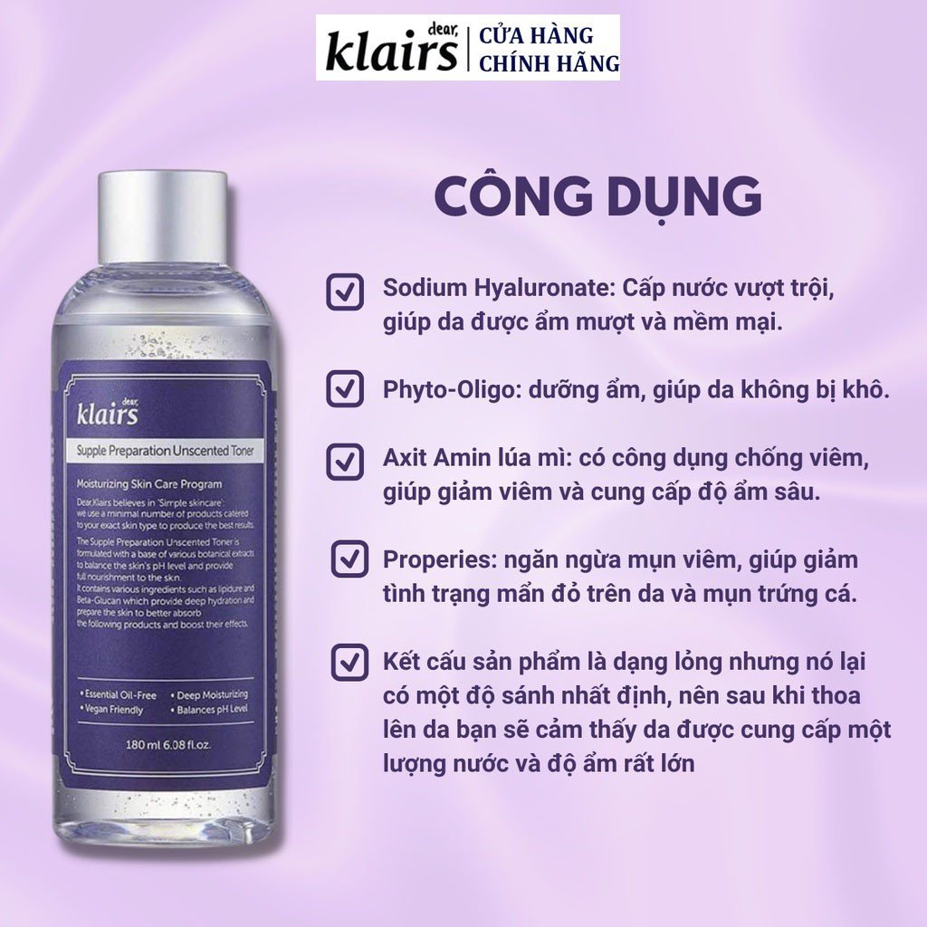 Nước hoa hồng Klairs 180ML- dưỡng ẩm và làm mềm da