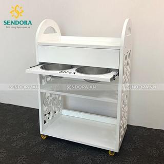 Xe đẩy đựng dụng cụ spa - Kệ Spa bằng gỗ khắc hoa văn có vòng thau - Hàng Thanh lý
