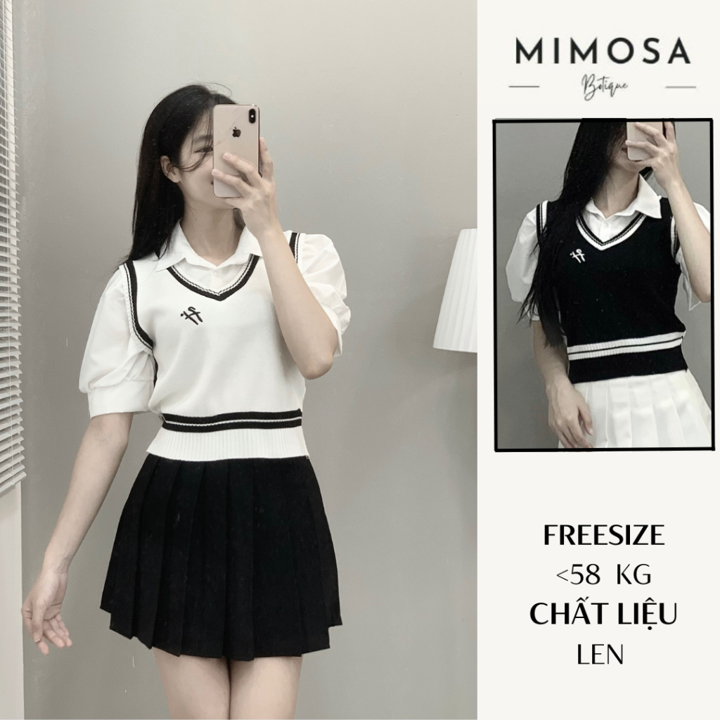Set Áo Gile pha sơ mi tay bồng MiMoSa chất liệu len cao cấp phối đồ xinh xắn 214