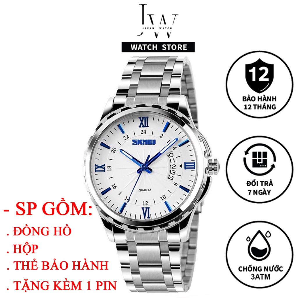 Đồng Hồ Nam Skmei JAPAN WATCH Mặt Đen Dây Kim Loại Thép Không Gỉ Chống Nước Size 42mm