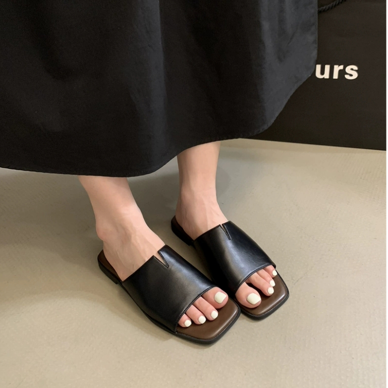 Dép lê nữ quai da bản to đế bệt siêu nhẹ phối 2 màu xinh xắn