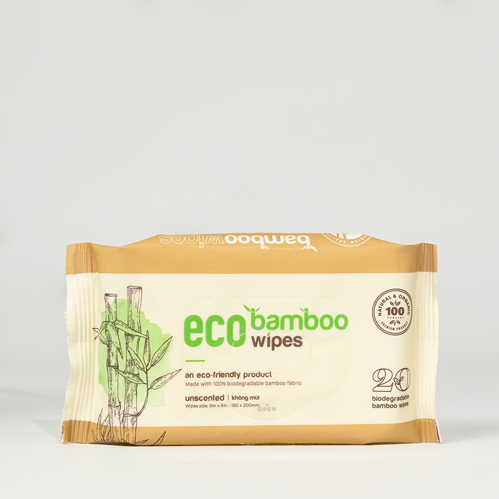 Combo 05 gói khăn giấy ướt cao cấp vải sợi tre kháng khuẩn EcoBamboo Ecowipes gói 20 tờ không mùi an toàn cho da