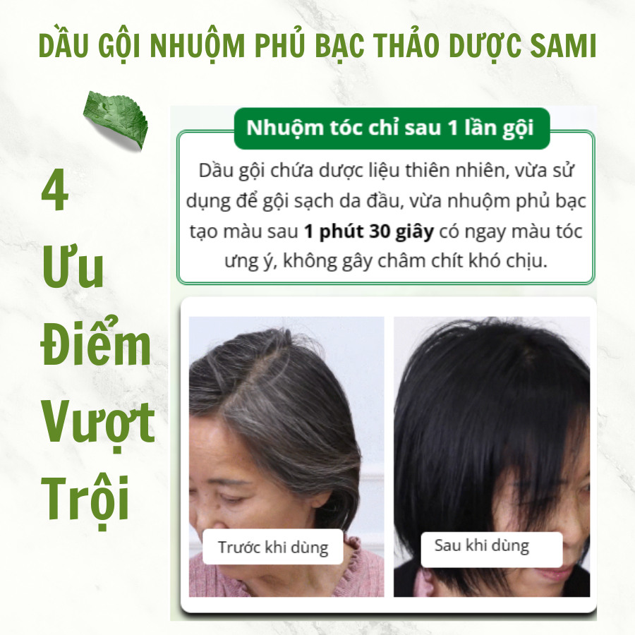 Dầu gội nhuộm phủ bạc tóc thảo dược SAMI - Bọt thảo dược SAMI phủ màu đen, nâu hạt dẻ, kích mọc tóc 400ml - SKIN BEAUTY