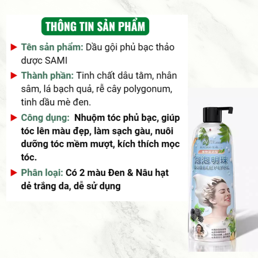 Dầu gội nhuộm phủ bạc tóc thảo dược SAMI - Bọt thảo dược SAMI phủ màu đen, nâu hạt dẻ, kích mọc tóc 400ml - SKIN BEAUTY