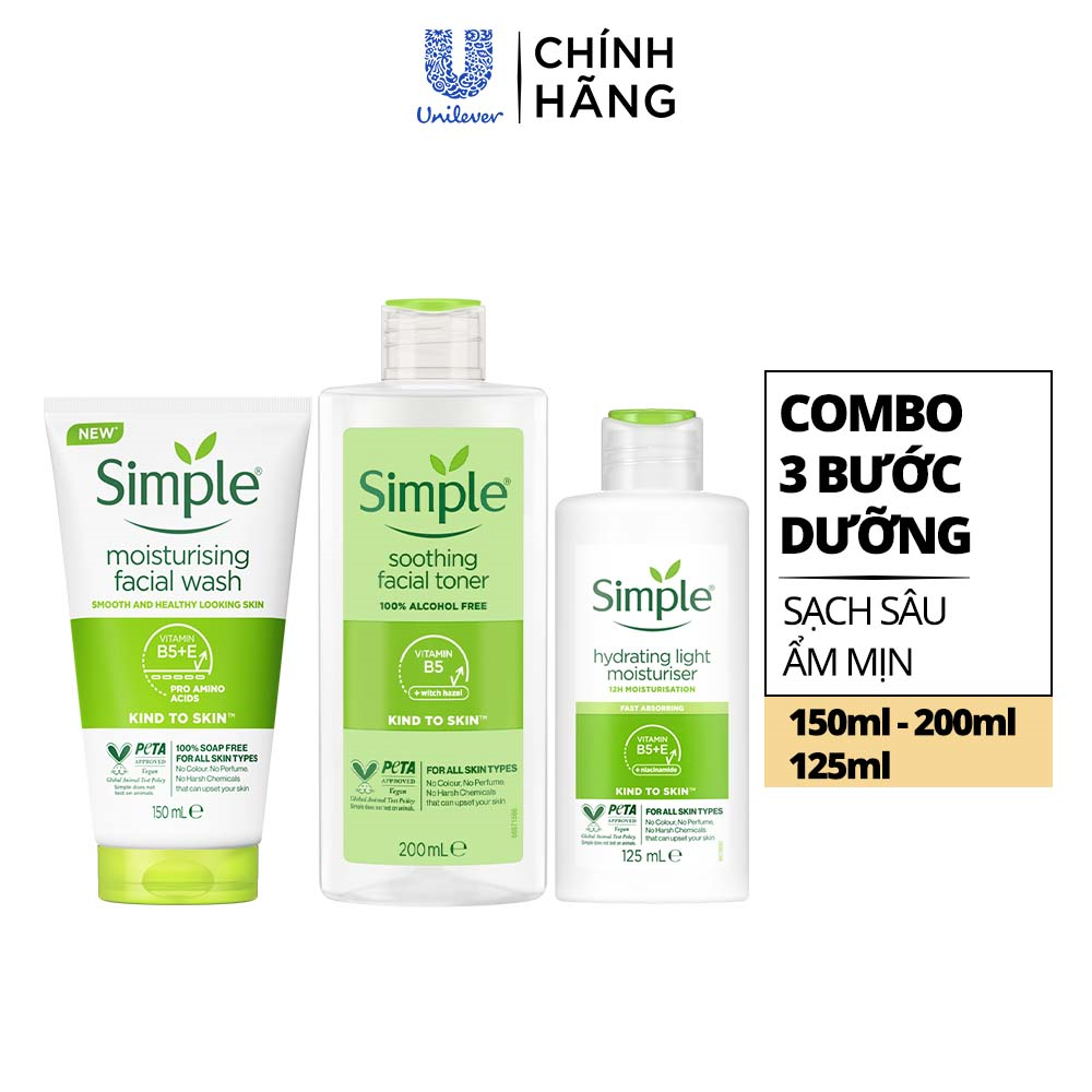 Combo Simple Sữa rửa mặt 150ml + Nước hoa hồng 200ml + Sữa dưỡng dạng sữa 125ml