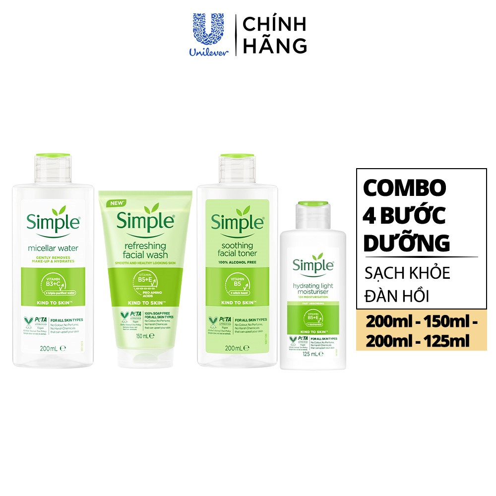 Combo Simple Nước tẩy trang 200ml + Sữa rửa mặt 150ml + Nước hoa hồng 200ml + Sữa dưỡng dạng sữa 125ml