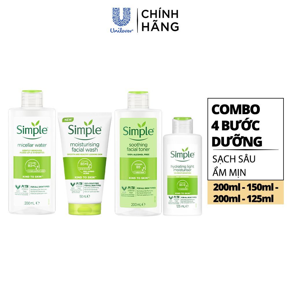 Combo Simple Nước tẩy trang 200ml + Sữa rửa mặt 150ml + Nước hoa hồng 200ml + Sữa dưỡng dạng sữa 125ml