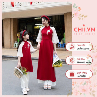 Áo dài tết cách tân cho mẹ và bé thêu hoa đính ngọc