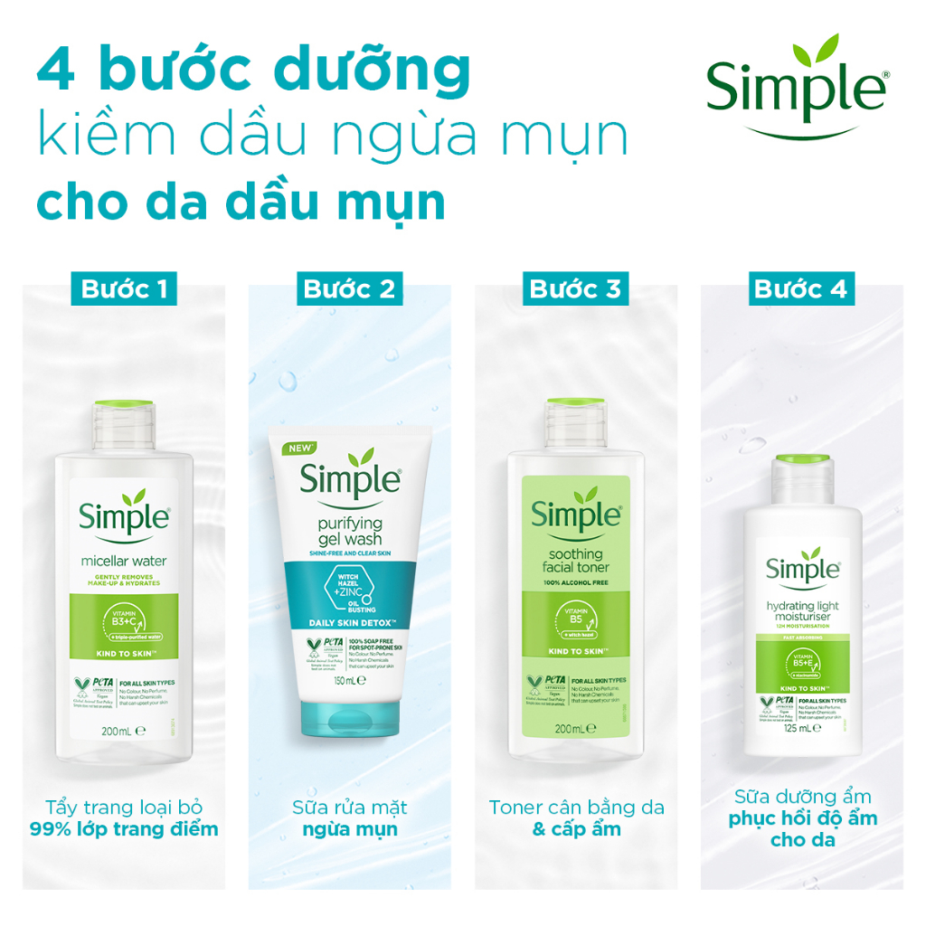 Combo Simple Nước tẩy trang 200ml + Sữa rửa mặt 150ml + Nước hoa hồng 200ml + Sữa dưỡng dạng sữa 125ml