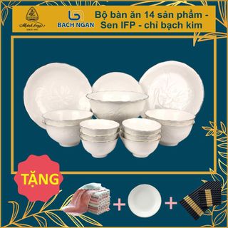 Bộ chén dĩa sứ 14 Sản phẩm SEN IFP Viền chỉ Bạch Kim - Gốm sứ cao cấp Minh Long I