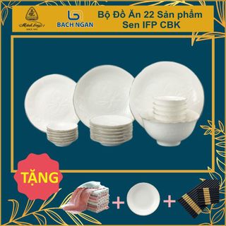 Bộ chén dĩa sứ 22 sản phẩm sen ifp viền chỉ bạch kim - gốm sứ cao cấp minh long i