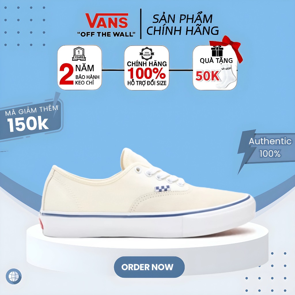 Giày vans chính hãng, vans authentic off white chuẩn full box, authentic kem mới 2022