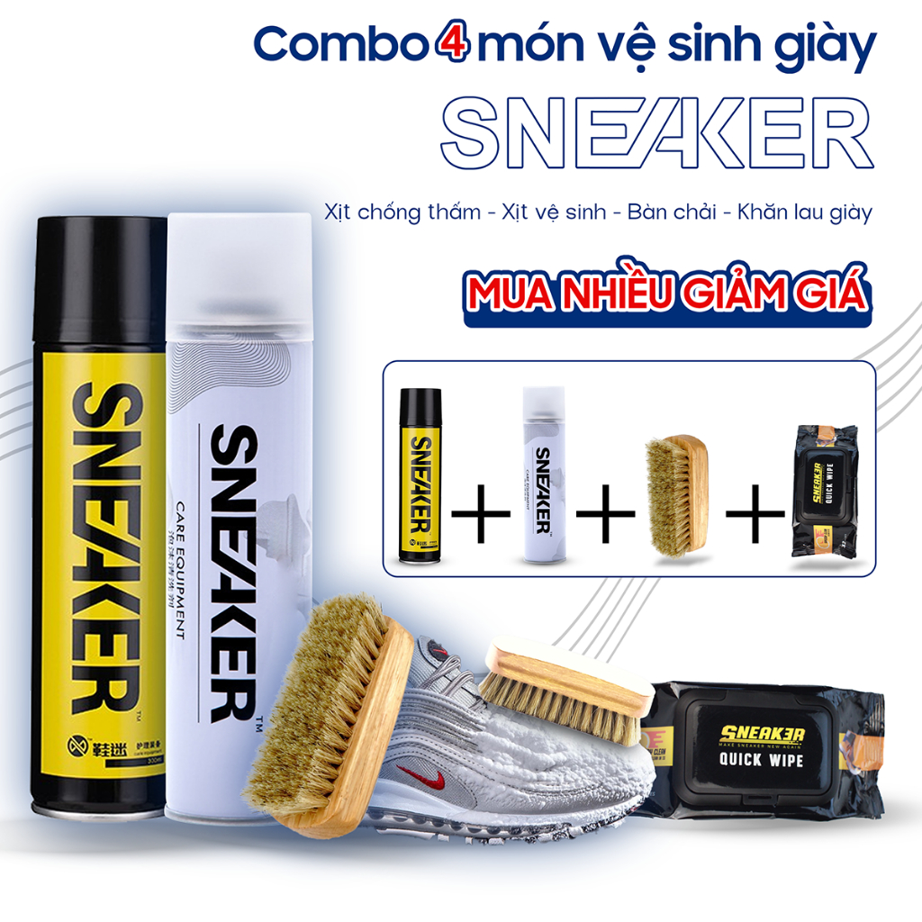 Bộ phụ kiện chăm sóc giày Sneaker dụng cụ 4 món gồm xịt vệ sinh, kháng thấm nước, bàn chải đánh, khăn giấy lau giầy dép.