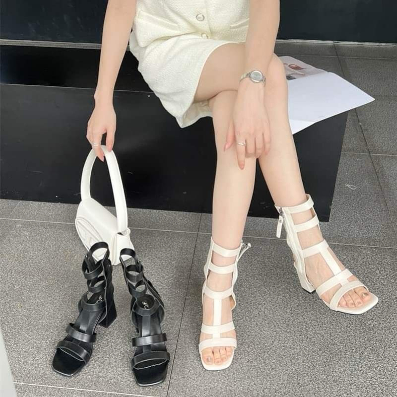 Sẵn Hàng /Giày Sandal dây chiến binh đế vuông cao 5cm màu đen trắng đi sang xịn hàng fullbox siêu đẹp