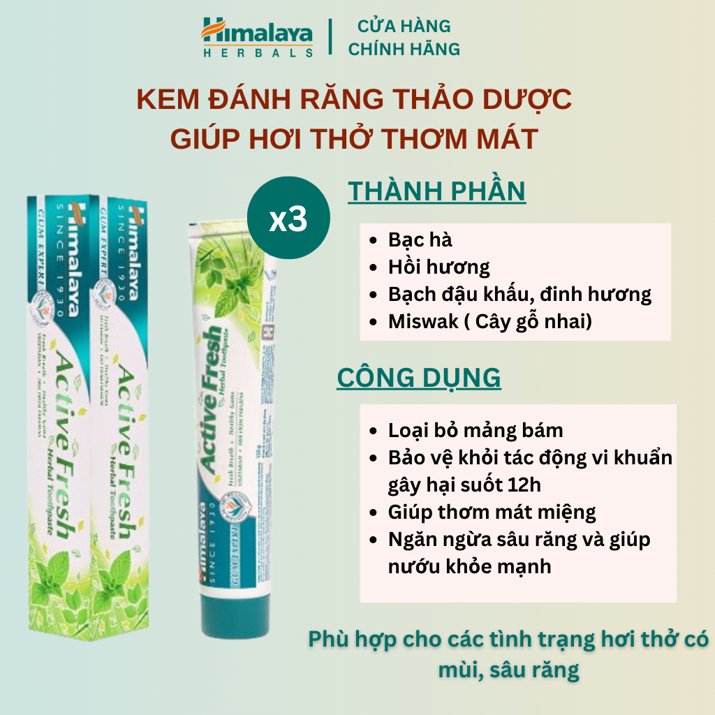 Set 3 kem đánh răng giúp hơi thở thơm mát Himalaya Active Fresh 100g/ sản phẩm