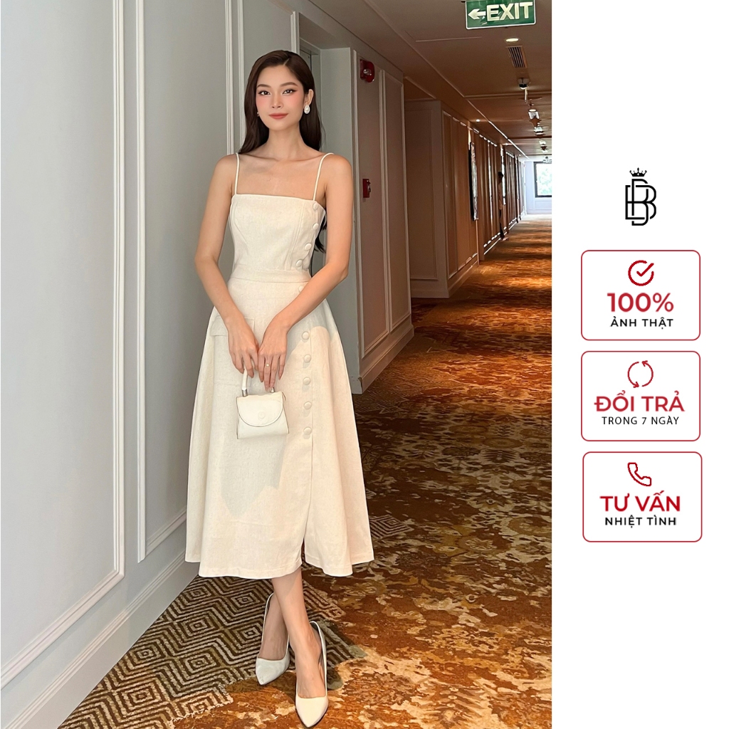 Đầm Xòe Hai Dây Dự Tiệc Kết Nút Bọc Phối Túi Nắp BBSTORE'S -D2278