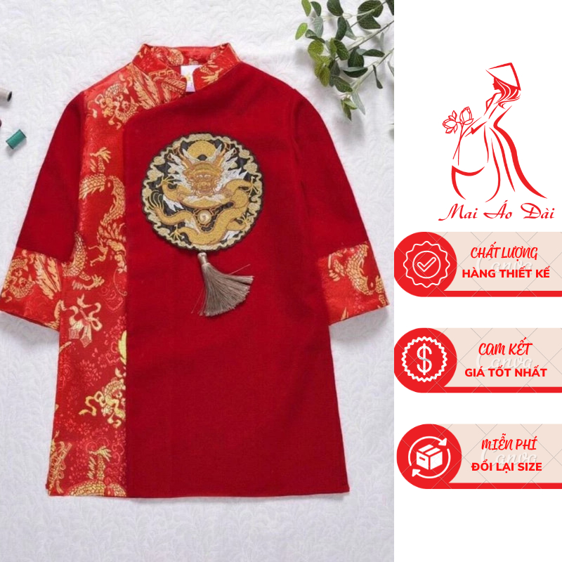 Áo dài cho bé trai, áo dài cách tân bé trai bigsize thêu Mặt Rồng Phối Gấm tròn ngực kết hợp với khánh - Mai áo dài