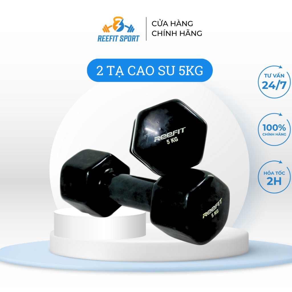 Bộ 2 tạ tay cao su Reefit màu đen 5kg (gồm 2 cục)