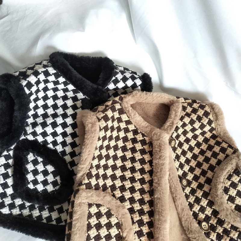 Áo khoác Gile dạ lót lông cừu cho bé gái, áo gile lông cho bé phong cách hàn quốc